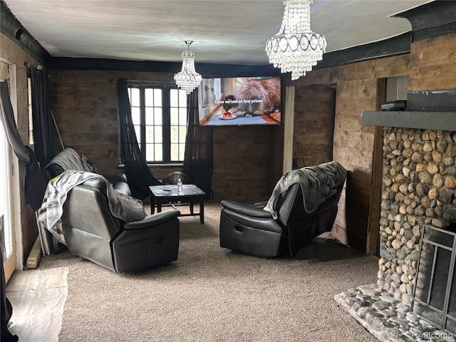 454 E Atherton Rd, Flint, MI 48507 - carpeted living room with a chandelier and wooden walls