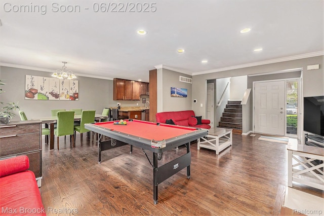 417 James Cir, Royal Oak, MI 48067 - game room featuring crown molding, wood finished floors, recessed lighting, and a chandelier