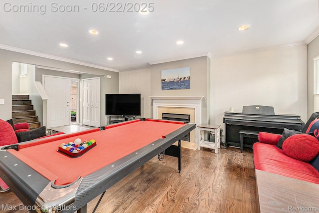 417 James Cir, Royal Oak, MI 48067 - game room with billiards table, ornamental molding, recessed lighting, wood finished floors, and a fireplace