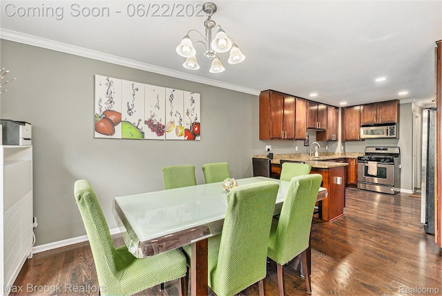 417 James Cir, Royal Oak, MI 48067 - dining space with crown molding, a chandelier, dark wood-style floors, and recessed lighting