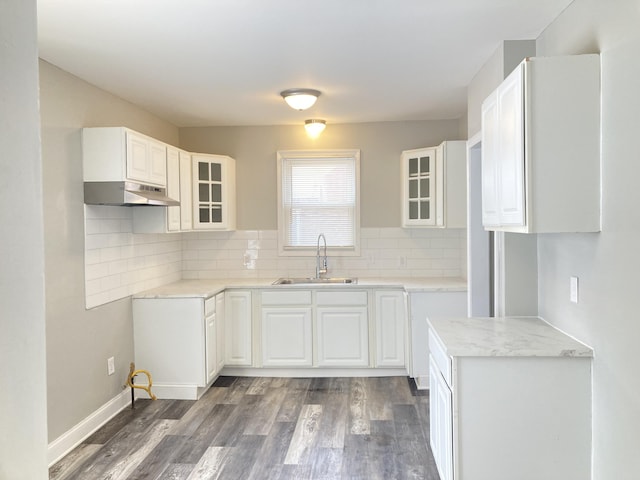 11751 Engleside St, Detroit, MI 48205 - kitchen featuring under cabinet range hood, glass insert cabinets, dark wood-style floors, and decorative backsplash