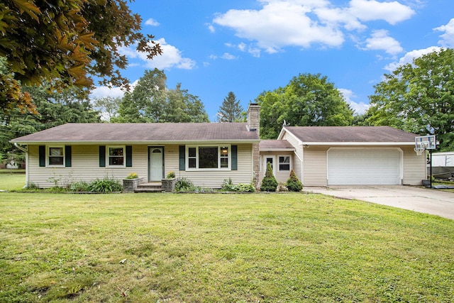 9930 N 16th St, Plainwell, MI 49080 - ranch-style house with a garage, a chimney, a front yard, and driveway