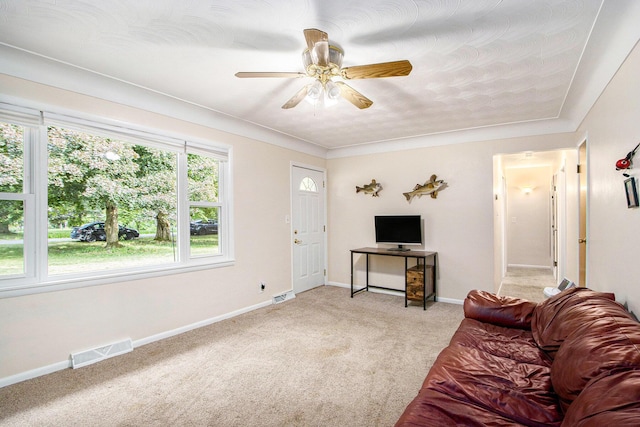 9930 N 16th St, Plainwell, MI 49080 - living area featuring light carpet and ceiling fan