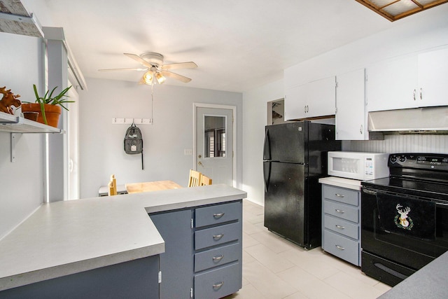 9930 N 16th St, Plainwell, MI 49080 - kitchen with black appliances, exhaust hood, a ceiling fan, light countertops, and white cabinetry