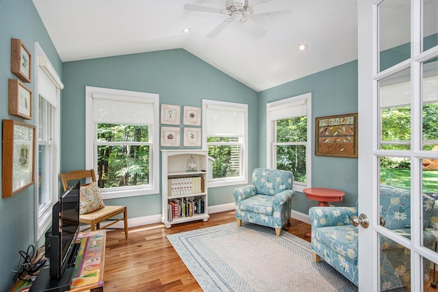 3314 Westview Ct, Allegan, MI 49010 - sitting room with a ceiling fan, lofted ceiling, and wood finished floors