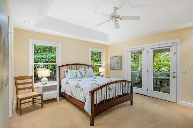 3314 Westview Ct, Allegan, MI 49010 - bedroom featuring multiple windows, access to exterior, light carpet, and a raised ceiling