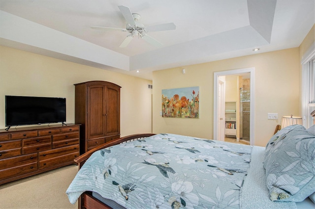 3314 Westview Ct, Allegan, MI 49010 - bedroom with recessed lighting, light carpet, a raised ceiling, and a ceiling fan
