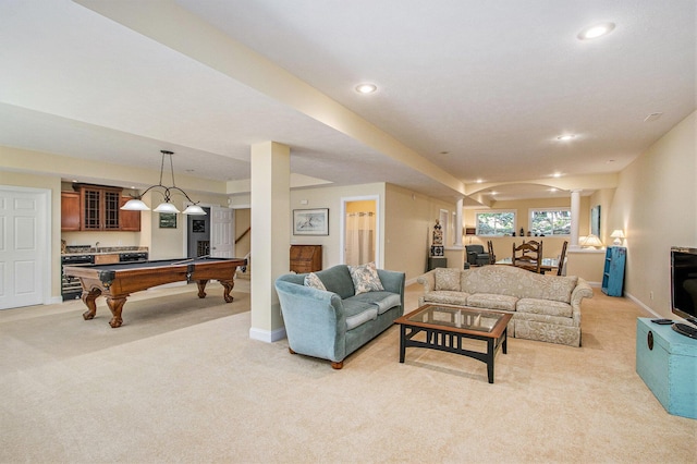 3314 Westview Ct, Allegan, MI 49010 - living room with billiards table, light colored carpet, recessed lighting, bar area, and beverage cooler