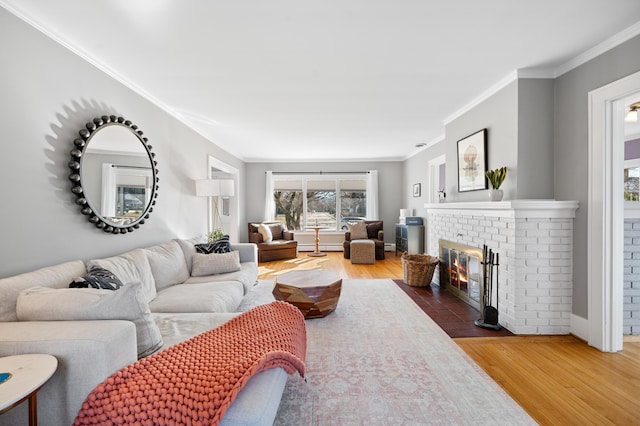 1908 Niles Ave, Saint Joseph, MI 49085 - living room with a fireplace, wood finished floors, and ornamental molding