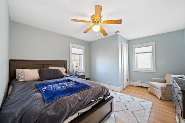 1908 Niles Ave, Saint Joseph, MI 49085 - bedroom with baseboard heating, multiple windows, light wood-style floors, and ceiling fan