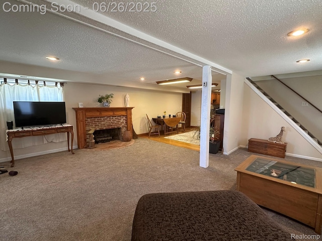 3971 S Shore Dr, Lapeer, MI 48446 - carpeted living area with a textured ceiling, stairway, recessed lighting, and a brick fireplace