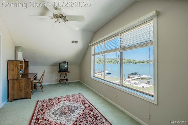 3971 S Shore Dr, Lapeer, MI 48446 - carpeted home office featuring vaulted ceiling and a ceiling fan