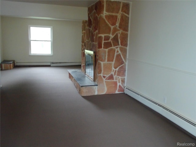 38014 Mallast St, Harrison Township, MI 48045 - unfurnished living room with a baseboard radiator, carpet floors, a stone fireplace, and baseboard heating
