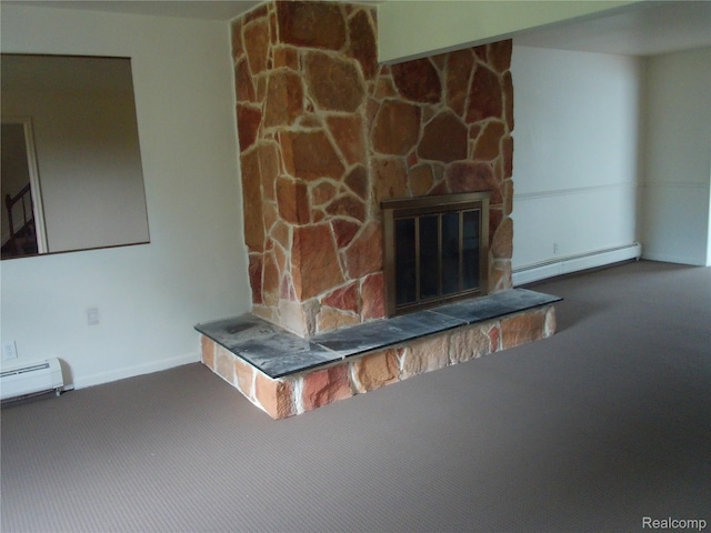 38014 Mallast St, Harrison Township, MI 48045 - unfurnished living room featuring baseboard heating, carpet flooring, and a stone fireplace
