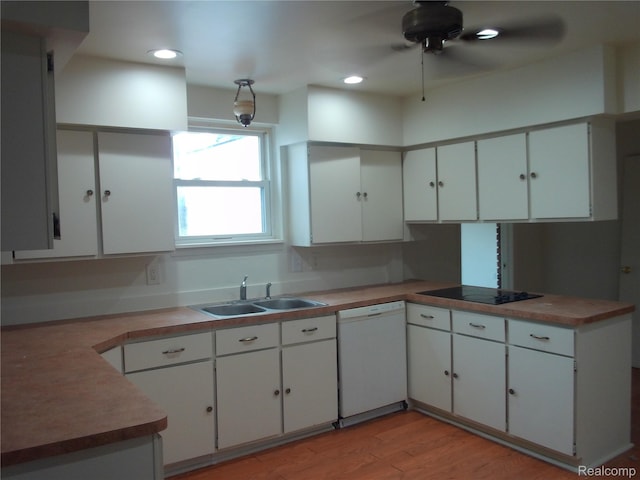 38014 Mallast St, Harrison Township, MI 48045 - kitchen featuring dishwasher, black electric cooktop, light wood-type flooring, white cabinets, and recessed lighting