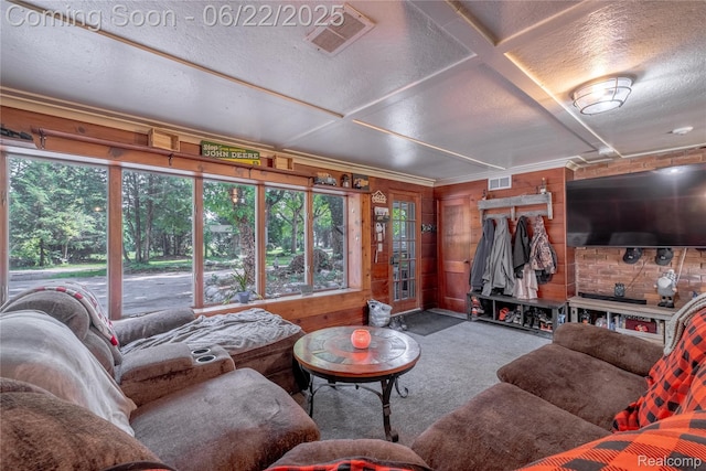 8780 Dixie Hwy, Birch Run, MI 48415 - carpeted living room with a textured ceiling and wood walls
