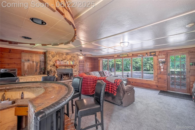 8780 Dixie Hwy, Birch Run, MI 48415 - carpeted living area with wooden walls and a ceiling fan
