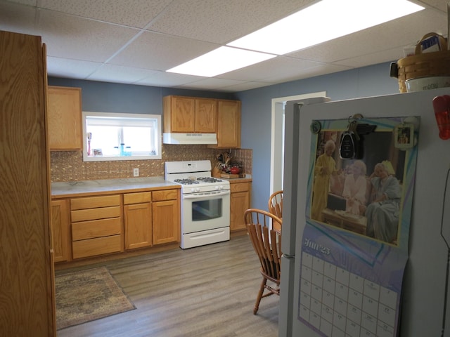1513 Joy Ave, Jackson, MI 49203 - kitchen with white gas range, under cabinet range hood, light countertops, decorative backsplash, and a paneled ceiling