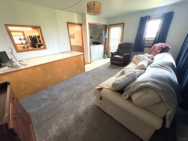 7408 Carleton Rd, Clayton, MI 49235 - living room with light carpet and separate washer and dryer