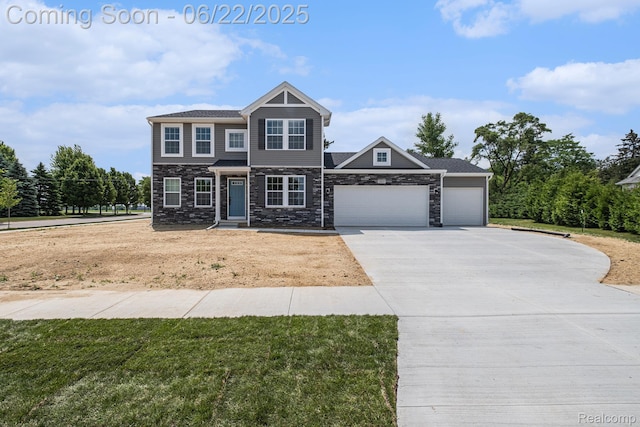 1013 Lancaster St, Lapeer, MI 48446 - craftsman-style house with a garage, concrete driveway, a front lawn, and stone siding