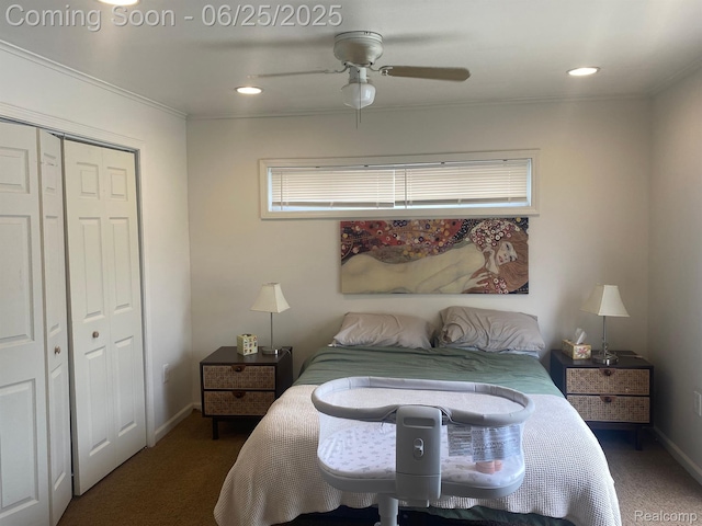 2864 Goodrich St, Ferndale, MI 48220 - bedroom with carpet flooring, ornamental molding, a closet, ceiling fan, and recessed lighting