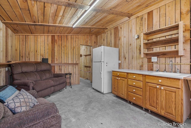 2539 Daisy Ln, Middleville, MI 49333 - living room featuring wood walls, wooden ceiling, and light colored carpet