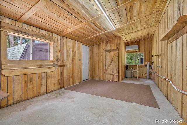 2539 Daisy Ln, Middleville, MI 49333 - misc room with wooden walls, wooden ceiling, a wall mounted AC, and carpet