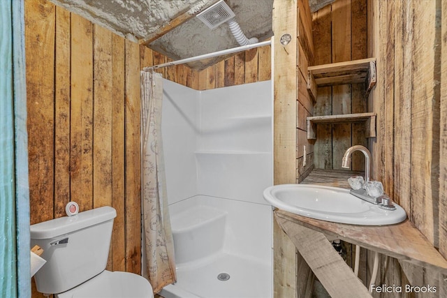 2539 Daisy Ln, Middleville, MI 49333 - full bathroom with a shower stall and wood walls