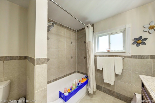 1320 W Drahner Rd, Oxford, MI 48371 - bathroom with tile walls, shower / bath combination with curtain, tile patterned flooring, vanity, and wainscoting