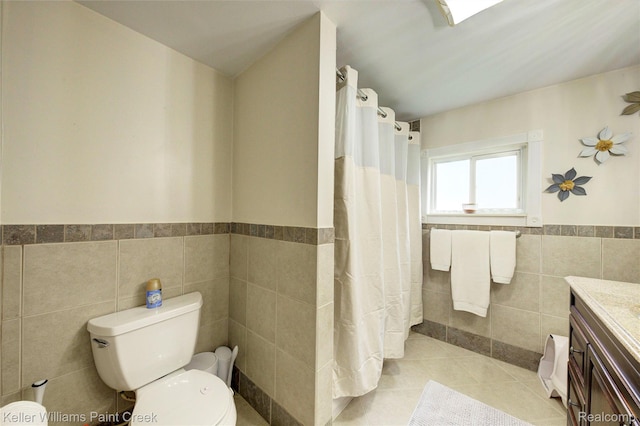 1320 W Drahner Rd, Oxford, MI 48371 - bathroom with tile walls, wainscoting, vanity, tile patterned floors, and a shower with shower curtain