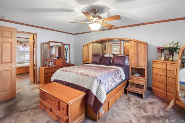 3933 Benjamin Way, Monroe, MI 48161 - carpeted bedroom featuring arched walkways, ornamental molding, ensuite bathroom, and a ceiling fan
