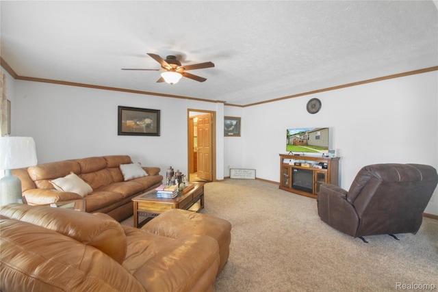 3933 Benjamin Way, Monroe, MI 48161 - carpeted living room featuring a ceiling fan, a fireplace, and crown molding