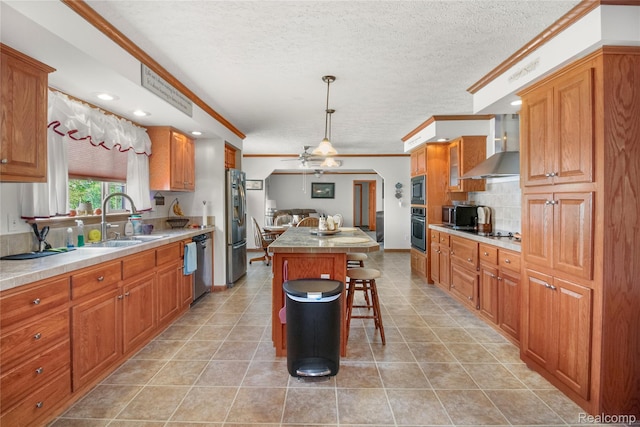 3933 Benjamin Way, Monroe, MI 48161 - kitchen featuring wall chimney exhaust hood, stainless steel appliances, a kitchen island, ornamental molding, and a breakfast bar area