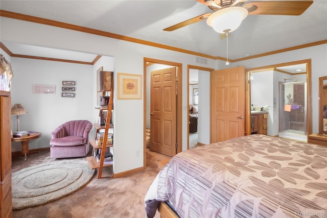 3933 Benjamin Way, Monroe, MI 48161 - bedroom with light carpet, crown molding, connected bathroom, and ceiling fan