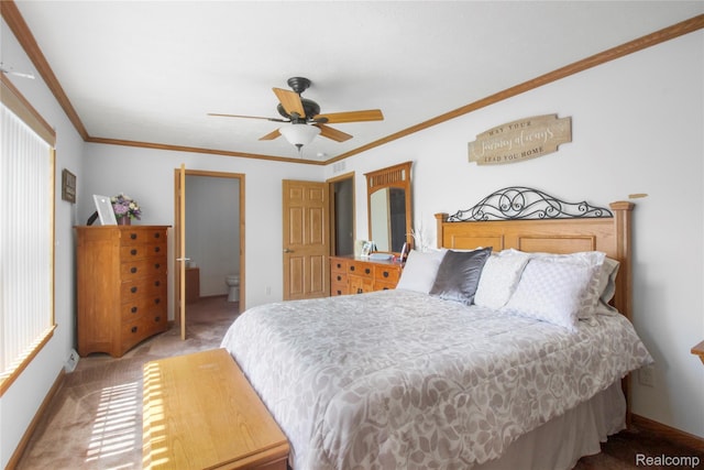 3933 Benjamin Way, Monroe, MI 48161 - carpeted bedroom with ornamental molding, connected bathroom, and ceiling fan