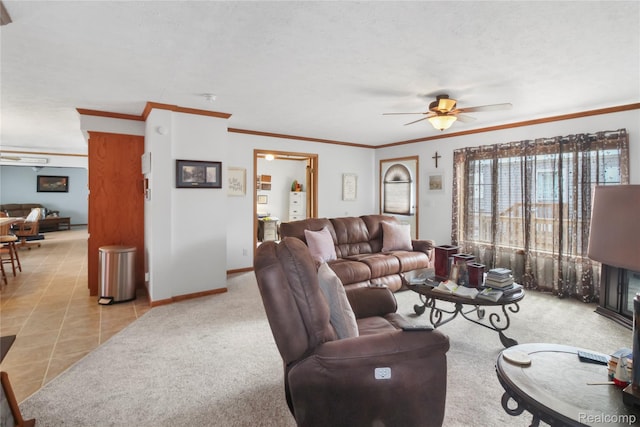 3933 Benjamin Way, Monroe, MI 48161 - living room featuring a ceiling fan, ornamental molding, tile patterned floors, and carpet