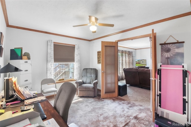 3933 Benjamin Way, Monroe, MI 48161 - home office with carpet flooring, a ceiling fan, and ornamental molding
