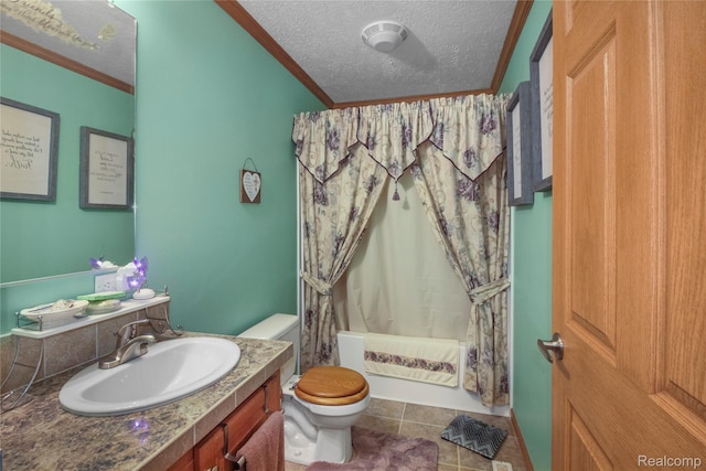 3933 Benjamin Way, Monroe, MI 48161 - full bathroom with vanity, crown molding, shower / tub combo with curtain, tile patterned flooring, and a textured ceiling