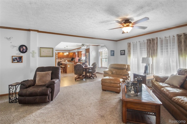 3933 Benjamin Way, Monroe, MI 48161 - carpeted living room with ceiling fan, arched walkways, crown molding, and a textured ceiling