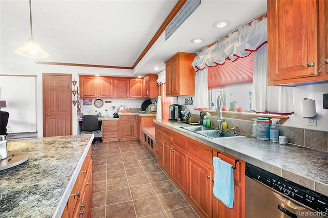 3933 Benjamin Way, Monroe, MI 48161 - kitchen featuring dishwasher, light tile patterned floors, brown cabinetry, pendant lighting, and light countertops