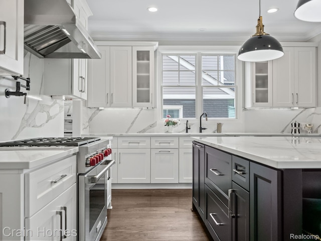 1790 Washington Blvd, Birmingham, MI 48009 - kitchen with range hood, stainless steel stove, white cabinetry, ornamental molding, and glass insert cabinets