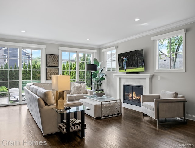 1790 Washington Blvd, Birmingham, MI 48009 - living room with ornamental molding, a premium fireplace, wood finished floors, and recessed lighting