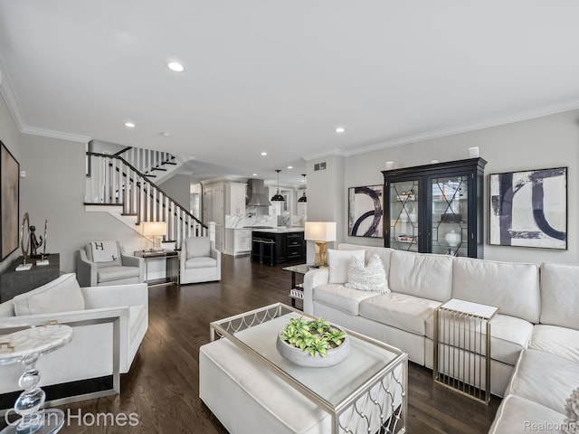 1790 Washington Blvd, Birmingham, MI 48009 - living area featuring stairs, crown molding, recessed lighting, and dark wood finished floors