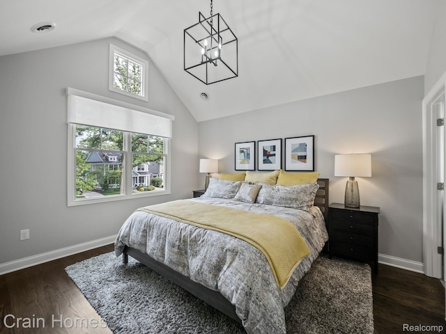 1790 Washington Blvd, Birmingham, MI 48009 - bedroom with lofted ceiling, a chandelier, and wood finished floors