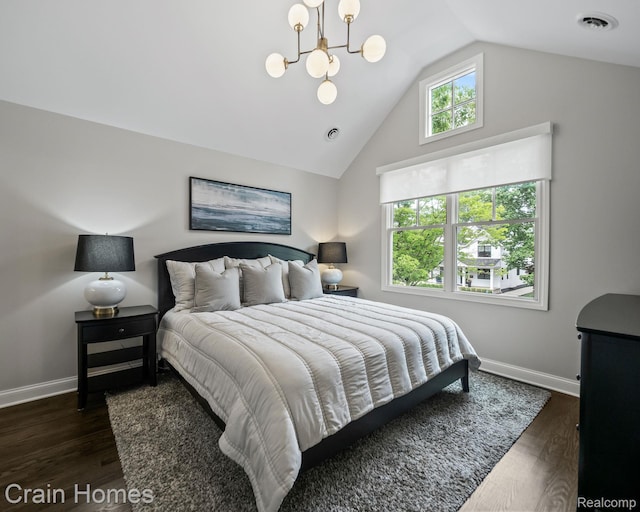 1790 Washington Blvd, Birmingham, MI 48009 - bedroom featuring vaulted ceiling, a chandelier, and dark wood-style flooring
