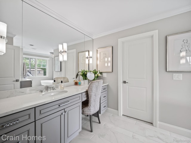 1790 Washington Blvd, Birmingham, MI 48009 - bathroom featuring vanity, marble finish flooring, and ornamental molding