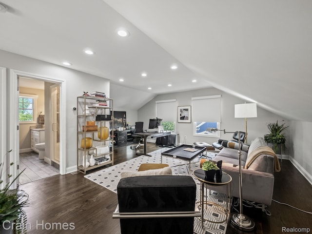 1790 Washington Blvd, Birmingham, MI 48009 - living area featuring an office area, vaulted ceiling, recessed lighting, and wood finished floors