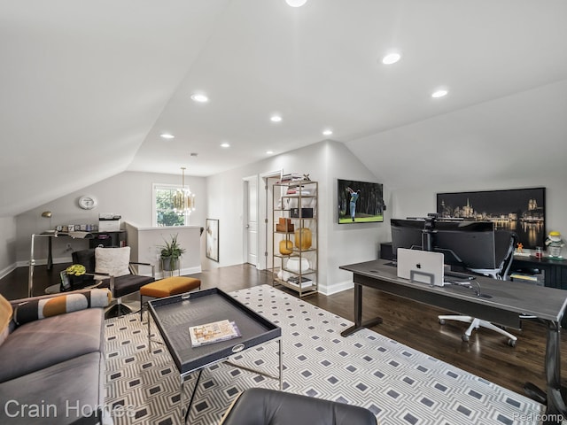 1790 Washington Blvd, Birmingham, MI 48009 - office featuring vaulted ceiling, wood finished floors, recessed lighting, and a chandelier