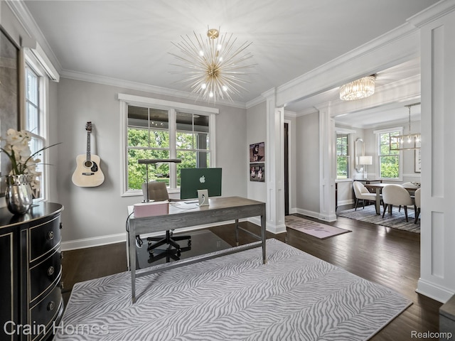 1790 Washington Blvd, Birmingham, MI 48009 - office with a chandelier, plenty of natural light, dark wood-style floors, and ornamental molding