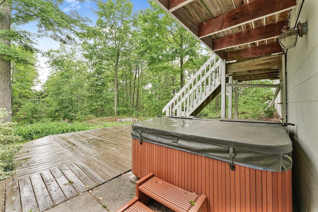4301B W Sanborn Rd, Lake City, MI 49651 - wooden deck featuring a hot tub and stairs